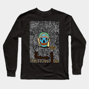 i NFT: FemaleMask Art with Mexican Eyes, Dark Skin, and Unique Doodle Background Long Sleeve T-Shirt